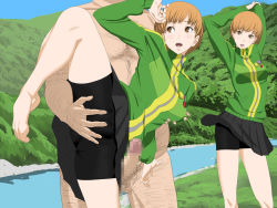 1boy 1girl arms_up breasts censored clothed_female_nude_male cottage head_out_of_frame hetero highres navel nude penis persona persona_4 pussy satonaka_chie skirt tagme rating:Explicit score:56 user:UltraPerv88