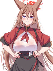  animal_ears black_skirt blue_archive breasts brown_hair brown_pantyhose chinese_clothes fox_ears jacket large_breasts neckerchief pantyhose purple_eyes red_jacket red_neckerchief rumi_(blue_archive) shirt simple_background skirt suterii white_background white_shirt 