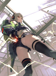  1girl anby_demara anby_demara_(zenless_zone_zero) ass black_thighhighs breasts disto fingerless_gloves from_below gloves headphones headphones_around_neck headset highres holding holding_sword holding_weapon indoors jacket lightning looking_at_viewer panties pink_hair short_hair skindentation skirt small_breasts solo sword thigh_strap thighhighs underwear weapon white_hair yellow_eyes zenless_zone_zero  rating:Sensitive score:84 user:danbooru