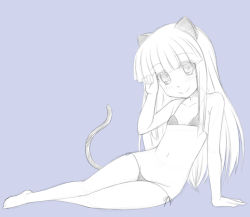 1girl animal_ears arm_support barefoot blue_background blush bra cat_ears cat_girl cat_tail collarbone eyebrows flat_chest full_body furude_rika gaou_(babel) higurashi_no_naku_koro_ni loli long_hair looking_at_viewer monochrome navel panties side-tie_panties simple_background sitting smile solo tail toes underwear rating:Questionable score:6 user:usernam