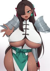  1girl absurdres armor breasts brown_hair chinese_clothes dark-skinned_female dark_skin earrings green_eyes hair_ornament highres huge_breasts jewelry long_hair looking_at_viewer mistynight one_eye_covered open_mouth original revealing_clothes shoulder_armor simple_background skindentation underboob white_background  rating:Questionable score:9 user:KaShy