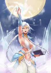  1girl arm_up armor armpits artist_name bad_id bad_pixiv_id bikini blue_armor book braid breasts chain cleavage collarbone commentary covered_erect_nipples cowboy_shot detached_collar faulds fingernails forehead_jewel forehead_protector full_moon gem glowing green_eyes highres holding holding_book ice large_breasts legs_together long_hair looking_at_viewer magic moon navel night night_sky open_book open_mouth original outdoors outstretched_arm pants pointy_ears revealing_clothes serious shoulder_armor signature silver_hair sky slingshot_swimsuit solo spell standing star_(sky) starry_sky stomach stormcow swept_bangs swimsuit tsurime twin_braids vambraces very_long_hair white_bikini white_pants  rating:Questionable score:39 user:danbooru