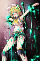 1girl against_wall armpits bad_id bad_pixiv_id belt blonde_hair blouse blue_eyes blush bra dissolving_clothes female_focus hair_ornament highres kagamine_rin messy navel neckerchief parted_bangs project_diva_(series) restrained sailor_collar shirt short_shorts shorts sleeveless sleeveless_shirt slime_(substance) solo stomach suggestive_fluid tears torn_clothes torn_neckerchief torn_shirt torn_shorts tsukishiro_saika underwear vocaloid white_shirt yellow_neckerchief rating:Questionable score:32 user:Dweenie