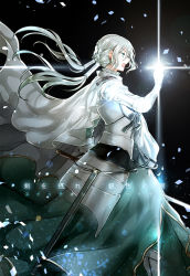  1boy armor bedivere_(fate) cape fate/grand_order fate_(series) glowing glowing_weapon profile prosthesis prosthetic_arm shigureru silver_hair solo sword twintails weapon 