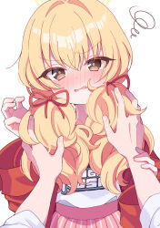  1girl 1other absurdres blonde_hair blue_archive blush brown_eyes hair_ribbon halo highres jacket long_hair looking_at_viewer low_twintails official_alternate_costume open_clothes open_jacket open_mouth pink_skirt pleated_skirt punapuraaa red_jacket red_ribbon ribbon shirt simple_background skirt solo_focus twintails white_background white_shirt yellow_halo yoshimi_(band)_(blue_archive) yoshimi_(blue_archive) 