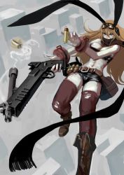 1girl animal_ears blonde_hair blue_eyes boots breasts bullet cleavage goggles goggles_on_head gun highres holding holding_gun holding_weapon jittsu long_hair navel original rabbit_ears red_thighhighs shorts shotgun solo thighhighs weapon rating:Sensitive score:13 user:danbooru