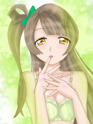  1girl artist_name artist_request bare_shoulders blush bow breasts brown_eyes brown_hair cleavage collarbone female_focus green_bow grey_hair hiyone light_brown_hair long_hair looking_at_viewer love_live! love_live!_school_idol_project medium_breasts minami_kotori parted_lips ponytail side_ponytail smile solo 