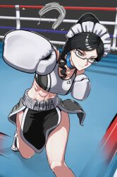  abs black_hair boxing boxing_gloves boxing_ring choker gladiator_shorts glasses gloves grey_eyes hair_bun highres maid maid_headdress mouth_guard overlord_(maruyama) rggr saliva sports_bra white_gloves yuri_alpha  rating:General score:11 user:Meklord_Emperor_Wisel
