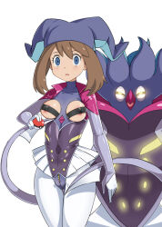 1girl 1other big_hair blue_eyes blush breastless_clothes breastless_leotard breasts brown_hair cameltoe cleft_of_venus corruption cosplay creatures_(company) expressionless game_freak gen_6_pokemon gozaru hat highres holding holding_poke_ball huge_breasts hypnosis leotard looking_at_viewer malamar malamar_(cosplay) may_(pokemon) mind_control neon_lights nintendo nipples no_humans poke_ball pokemon pokemon_(creature) pokemon_rse revealing_clothes see-through see-through_leotard shiny_skin smile tentacles wide_hips yellow_eyes