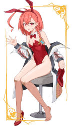  1girl absurdres ahoge animal_ears bandaid bandaid_on_knee bandaid_on_leg bare_legs bare_shoulders barefoot blue_archive bow bowtie braid breasts commentary_request detached_collar fake_animal_ears floral_print high_heels highres holding holding_shoes huge_ahoge jacket leotard looking_at_viewer mole mole_under_eye neru_(blue_archive) neru_(bunny)_(blue_archive) pink_hair playboy_bunny print_jacket rabbit_ears rabbit_tail red_eyes red_footwear red_leotard red_neckwear shoes single_shoe sitting small_breasts solo stool strapless strapless_leotard sukajan tail traditional_bowtie unworn_shoe unworn_shoes white_background wrist_cuffs yikiraki  rating:Sensitive score:26 user:danbooru