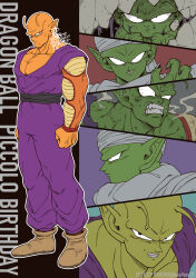  1boy age_progression antennae blood cape character_name clenched_hands clenched_teeth colored_skin copyright_name dougi dragon_ball dragon_ball_(classic) dragon_ball_super dragon_ball_super_super_hero dragonball_z eggshell fingernails green_skin happy_birthday highres long_fingernails orange_piccolo orange_skin pants paruko_(baalbeel11) piccolo potential_unleashed purple_blood purple_pants purple_shirt shirt teeth white_cape 