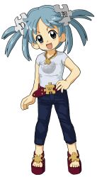  1girl :d absurdres arm_at_side belt blue_eyes blue_hair blue_pants capri_pants casual chain chain_necklace collarbone commentary flat_chest full_body gold_chain hand_on_own_hip highres jewelry kasuga_(kasuga39) legs_apart light_blue_hair looking_at_viewer medium_hair necklace open_mouth pants puzzle_piece_hair_ornament red_belt red_footwear sandals shirt short_sleeves simple_background smile solo standing transparent_background twintails white_shirt wikipe-tan wikipedia 