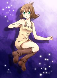  1990s_(style) 1girl boots brown_hair curly_hair dress female_focus final_fantasy final_fantasy_viii full_body gradient_background green_eyes nue123 nue_hakusui retro_artstyle selphie_tilmitt short_hair solo 