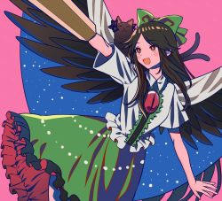  2girls :d animal animal_ears animal_on_shoulder arm_cannon arm_up banned_artist bird_wings black_cat black_wings blush bow bright_pupils brown_hair buttons cape cat center_frills commentary_request control_rod feathered_wings fingernails frilled_shirt_collar frilled_skirt frills green_bow green_skirt hair_bow harano kaenbyou_rin kaenbyou_rin_(cat) long_hair looking_to_the_side multiple_girls nekomata open_mouth pink_background puffy_short_sleeves puffy_sleeves red_eyes reiuji_utsuho shirt short_sleeves sidelocks simple_background skirt smile space_print standing starry_sky_print third_eye touhou weapon white_cape white_pupils white_shirt wings  rating:Sensitive score:3 user:danbooru