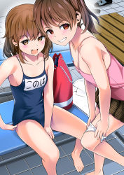  2girls adjusting_clothes adjusting_swimsuit blue_one-piece_swimsuit blush breasts brown_eyes brown_hair brown_skirt camisole downblouse female_focus grin highres kuku123 leaning_forward loli long_hair looking_at_viewer multiple_girls one-piece_swimsuit open_mouth original panties panty_pull pink_camisole ponytail pulled_by_self school_swimsuit short_hair sitting skirt small_breasts smile swimsuit thighs underwear undressing white_panties 