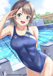1girl arm_behind_back blue_eyes blue_sky blue_one-piece_swimsuit blurry breasts cloud commentary_request competition_swimsuit cowboy_shot dated day depth_of_field grey_hair highres love_live! love_live!_sunshine!! medium_breasts one-piece_swimsuit open_mouth outdoors pool salute short_hair sky solo starting_block swimsuit teeth tenpa_(tenpa2190) twitter_username upper_teeth_only watanabe_you water wet wet_clothes wet_swimsuit rating:Sensitive score:32 user:danbooru