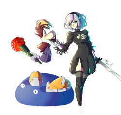  2b_(nier:automata) arm_behind_back blonde_hair blue_eyes blush breasts cleavage covered_navel crossover flirting flower gloves grey_hair hand_on_another&#039;s_face headband large_breasts legs looking_at_another nier:automata nier_(series) rayman rayman_(character) rose short_hair smile sword thighs weapon 