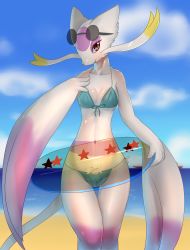 1girl absurdres bare_shoulders beach bikini blue_bikini blue_sky blush boat breasts closed_mouth cloud collarbone creatures_(company) day eyewear_on_head female_focus front-tie_bikini_top front-tie_top furry furry_female game_freak gen_5_pokemon hand_up happy highres hoppisport horizon innertube light_blush looking_at_viewer mienshao navel nintendo ocean outdoors personification pokemon pokemon_(creature) red_eyes sand shiny_skin side-tie_bikini_bottom sky small_breasts smile solo standing star_(symbol) sunglasses swim_ring swimsuit thigh_gap transparent water watercraft whiskers