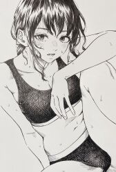  1girl arm_on_knee blush buruma crosshatching greyscale hatching_(texture) highres ink_(medium) looking_at_viewer lower_teeth_only makki_(tobaccos) messy_hair monochrome navel open_mouth original solo sports_bra stomach sweat teeth traditional_media white_background 