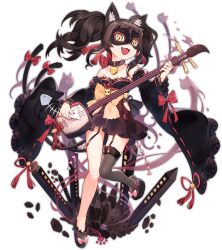  1girl :3 :d animal_ears ark_order bachi bare_shoulders bell black_choker black_footwear black_hair black_kimono bow cat_ears choker detached_sleeves domino_mask fangs full_body garter_straps ghost hair_ornament hip_vent holding holding_instrument instrument japanese_clothes jingle_bell kimono lace lace-trimmed_legwear lace-trimmed_sleeves lace_trim long_sleeves mask mtyy multiple_tails music neck_bell nekomata nekomata_(ark_order) official_art okobo open_mouth paw_print pink_bow pink_nails playing_instrument plectrum print_kimono red_bow rock sandals sash shamisen short_bangs short_eyebrows single_sock single_thighhigh sleeve_bow smile socks solo tachi-e tail tail_bow tail_ornament tassel tassel_hair_ornament thighhighs transparent_background twintails two_tails v-shaped_eyebrows wide_sleeves yellow_bow yellow_eyes yellow_sash 