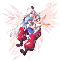  2girls bad_id bad_pixiv_id barefoot blue_hair boots bow carrying cirno en_la_festa fujiwara_no_mokou full_body hair_bow ice ice_wings long_hair multiple_girls pants short_hair silver_hair simple_background touhou white_background wings 