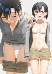 1girl :d apollo_(hu_maple) arm_at_side bent_over bikini bikini_under_clothes black_hair blush bob_cut breasts breasts_apart brown_shorts camera cleavage closed_eyes collarbone commentary cowboy_shot grey_hoodie hair_between_eyes highres holding holding_camera hood hoodie leaning_forward long_sleeves looking_at_viewer multiple_views navel open_clothes open_fly open_hoodie open_mouth original partially_unzipped pulling_own_clothes purple_eyes short_hair short_shorts shorts simple_background small_breasts smile standing swimsuit thigh_gap undressing white_background white_bikini rating:Sensitive score:61 user:danbooru