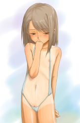 1girl areola_slip bare_shoulders bikini blush brown_eyes brown_hair clitoris clitoris_slip collarbone covering_own_mouth embarrassed female_focus flat_chest half-closed_eyes hand_over_own_mouth loli minato_fumi navel nipples one-piece_tan original pussy pussy_peek short_hair slingshot_swimsuit solo standing string_bikini swimsuit tan tanline rating:Explicit score:99 user:danbooru