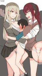  1boy 2girls age_difference black_hair blonde_hair blue_eyes breast_press breast_smother breasts brown_eyes brown_hair cleavage face_to_breasts girl_sandwich gyaru highres huge_breasts large_breasts long_hair multiple_girls open_mouth sandwiched shota smile vaginal yuzuki_himuka  rating:Explicit score:161 user:Mandos