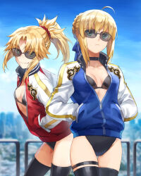  2girls ahoge alternate_costume artoria_pendragon_(all) artoria_pendragon_(fate) blonde_hair blue_ribbon blue_sky braid breasts choker fate/apocrypha fate/stay_night fate_(series) french_braid green_eyes hair_bun hair_ornament hair_ribbon hair_scrunchie hands_in_pockets highres jacket letterman_jacket long_hair looking_at_viewer mordred_(fate) mordred_(fate/apocrypha) multiple_girls outdoors parted_bangs ponytail ribbon saber_(fate) scrunchie sidelocks single_hair_bun sky small_breasts sunglasses thighhighs thighs tonee variant_set  rating:Sensitive score:40 user:danbooru
