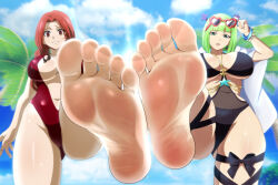  2girls barefoot brandish_mew breasts fairy_tail feet flare_corona foot_focus green_hair large_breasts multiple_girls red_hair sky soles toes zorzero 