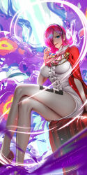  1girl blue_eyes breasts cloak crossed_legs curly_eyebrows hair_over_one_eye high_heels highres large_breasts leg_tattoo liang_xing looking_at_viewer one_piece parted_lips pink_hair red_cloak short_hair sitting solo tattoo vinsmoke_reiju 