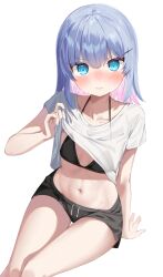  1girl arm_support bikini black_bikini black_shorts blue_hair blush breasts closed_mouth collarbone colored_inner_hair highres indie_virtual_youtuber k_mugura kanzarin_(vtuber) looking_at_viewer multicolored_hair navel pink_hair shirt short_sleeves shorts simple_background sitting small_breasts solo swimsuit t-shirt two-tone_hair virtual_youtuber white_background white_shirt 