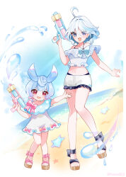  2girls absurdres ahoge bare_legs bare_shoulders beach blue_bow blue_eyes blue_hair bow chaena_(exmd3552) crop_top full_body furina_(genshin_impact) genshin_impact height_difference highres holding holding_water_gun midriff multiple_girls navel off-shoulder_shirt off_shoulder pink_bow pink_eyes sandals shirt short_hair short_shorts short_sleeves shorts sigewinne_(genshin_impact) standing stomach water_gun white_shirt white_shorts 
