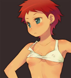  00s 1girl areola_slip blue_eyes blush bra breasts covered_erect_nipples earrings fujisaki_mana jewelry lingerie minawa nipples onegai_my_melody red_hair sanrio short_hair simple_background small_breasts solo underboob underwear  rating:Questionable score:86 user:Nigs