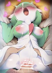  1boy 1girl bar_censor bed bed_sheet blush breasts censored colored_skin commentary_request creatures_(company) cum cum_in_pussy cum_on_body cum_on_breasts cum_on_upper_body dagashi_(daga2626) ejaculation facial female_orgasm game_freak gardevoir gen_3_pokemon green_hair head_back hetero highres interspecies medium_breasts missionary nintendo nipples open_mouth orgasm penis pokemon pokemon_(creature) pokephilia pussy pussy_juice saliva sex sheet_grab short_hair solo_focus spread_legs sweat tongue tongue_out torso_grab vaginal white_skin  rating:Explicit score:398 user:danbooru