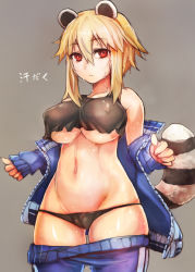 1girl animal_ears araiguma-san blonde_hair borrowed_character breasts cameltoe clothes_pull grey_background highres jacket large_breasts lowleg lowleg_panties midriff navel open_clothes open_jacket original panties pants pants_pull raccoon_ears raccoon_tail red_eyes short_hair sidelocks simple_background sketch solo sweat tail taishi_(artist) taishi_(picchiridou) track_pants track_suit underboob underwear wide_hips rating:Questionable score:86 user:danbooru