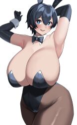  1girl armpits arms_up black_hair blue_eyes blush bow bowtie breasts collar cuffs detached_collar elbow_gloves gloves hair_ornament huge_breasts imuzi leotard open_mouth original pantyhose playboy_bunny rabbit_ears rabbit_hair_ornament sagging_breasts short_hair solo standing wide_hips wrist_cuffs 
