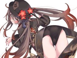 1girl ass black_hat black_shorts blush brown_hair bug butterfly cameltoe chinese_clothes coat coattails from_behind genshin_impact grin hat hat_ornament hu_tao_(genshin_impact) insect leaning leaning_forward long_hair looking_at_viewer looking_back red_eyes shiny_clothes shiny_skin short_shorts shorts smile solo twintails very_long_hair yoshida_pino rating:Questionable score:27 user:armorcrystal