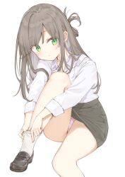  1girl adjusting_sock asymmetrical_bangs black_footwear black_skirt blush closed_mouth collared_shirt colored_inner_hair dot_mouth dot_nose dressing foot_out_of_frame green_eyes highres knee_up light_brown_hair loafers long_hair looking_at_viewer maigoyaki multicolored_hair original panties pantyshot pink_panties shirt shirt_tucked_in shoes simple_background skirt socks solo two-tone_hair underwear white_background white_shirt white_socks 