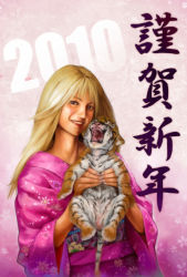  10s 2010 blonde_hair brown_eyes carrying flower holding japanese_clothes kimono lipstick long_hair makeup open_mouth pink_theme sash simulex smile solo teeth tiger 