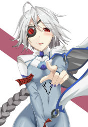  1girl ahoge blazblue blue_nails blush bodysuit braid breasts covered_navel esuto eyebrows eyepatch female_focus fingernails grey_hair hair_between_eyes half-closed_eyes highres legs_together long_braid long_hair looking_at_viewer nail_polish nu-13 parted_lips pointing pointing_at_viewer red_eyes simple_background single_braid skin_tight solo standing upper_body very_long_hair white_background  rating:Sensitive score:5 user:danbooru