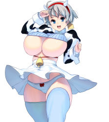 1girl ahoge animal_print bell blue_eyes bow bow_panties breasts cameltoe cleavage cow_girl cow_horns cow_print cowbell cowboy_shot crop_top curvy ear_tag hairband high-waist_skirt highres horns huge_breasts juliet_sleeves kouno_(masao) long_sleeves looking_at_viewer no_bra open_mouth original panties pantyshot puffy_sleeves ribbed_sweater short_hair silver_hair skindentation skirt smile solo standing sweater thick_thighs thighhighs thighs turtleneck underboob undersized_clothes underwear white_panties white_skirt white_thighhighs wide_hips wind wind_lift wrist_cuffs  rating:Questionable score:71 user:danbooru