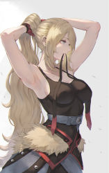 1girl absurdres armpits arms_up belt black_tank_top blonde_hair blue_belt breasts creatures_(company) cynthia_(pokemon) cynthia_(sygna_suit)_(aura)_(pokemon) from_side fur_trim game_freak gloves grey_eyes highres jojobirdz large_breasts long_hair mouth_hold nintendo official_alternate_costume official_alternate_hairstyle pokemon pokemon_masters_ex ponytail red_gloves ribbon ribbon_in_mouth sidelocks solo tank_top tying_hair upper_body very_long_hair wavy_hair rating:Sensitive score:56 user:danbooru