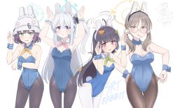  4girls adapted_costume animal_ears arms_up black_hair blue_archive blue_eyes blue_leotard blush bow bowtie breasts brown_eyes brown_hair cleavage cowboy_shot detached_collar doodle_sensei_(blue_archive) fake_animal_ears glasses grey_legwear hair_ornament hairclip halo hat headgear helmet highres hoshino_ouka large_breasts leotard long_hair looking_at_viewer medium_breasts miyako_(blue_archive) miyu_(blue_archive) moe_(blue_archive) multiple_girls one_side_up pantyhose playboy_bunny rabbit_ears rabbit_pose rabbit_tail red_eyes saki_(blue_archive) sensei_(blue_archive) short_hair side_ponytail silver_hair small_breasts strapless strapless_leotard tail twintails white_pantyhose wrist_cuffs  rating:Sensitive score:45 user:danbooru