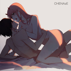 1boy 1girl artist_name back bed black_hair blush breasts chenaze57 couple cum darling_in_the_franxx girl_on_top green_eyes height_difference hetero highres hiro_(darling_in_the_franxx) horns long_hair looking_at_another medium_breasts nude open_mouth pink_hair red_horns saliva saliva_trail sex short_hair teeth tongue tongue_out zero_two_(darling_in_the_franxx) rating:Explicit score:85 user:danbooru
