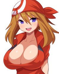  1girl :d bad_id bad_twitter_id bandana blue_eyes blush bouncing_breasts breasts brown_hair center_opening cleavage collarbone creatures_(company) game_freak heart highres konno_tohiro large_breasts looking_at_viewer may_(pokemon) nintendo open_mouth paizuri_invitation pokemon pokemon_rse simple_background smile solo upper_body white_background  rating:Sensitive score:186 user:danbooru