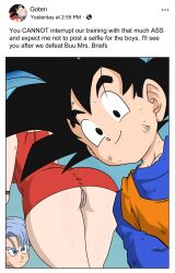  1girl age_difference ass black_hair blue_background blue_eyes bulma cleft_of_venus dragon_ball dragonball_z dress english_text female_pubic_hair from_below galaspek head_out_of_frame hetero highres huge_ass mature_female mother_and_son no_panties picture_frame pubic_hair pussy red_dress short_hair shota simple_background son_goten spiked_hair standing sweat taking_picture text_focus trunks_(dragon_ball) uncensored  rating:Explicit score:102 user:Ynyswydryn