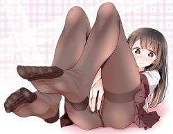 1girl ass barefoot between_legs blunt_bangs blush bright_pupils brown_hair brown_skirt closed_mouth covering_privates covering_crotch crotch_seam feet fingernails floral_print foot_focus foreshortening frown hand_between_legs highres knees_up lace lace-trimmed_panties lace_trim legs legs_together legs_up long_hair looking_at_viewer lying miniskirt no_shoes nose_blush on_back oouso original panties panties_under_pantyhose pantyhose pantyshot pink_panties pleated_skirt raised_eyebrows shirt short_sleeves skirt soles solo sweat tareme thighband_pantyhose toenails toes underwear upskirt white_shirt wiggling_toes rating:Sensitive score:75 user:danbooru