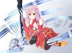  1girl bad_id bad_pixiv_id bare_shoulders breasts cat&#039;s_cradle center_opening detached_sleeves dong_ja9502 fingerless_gloves fyu-neru gloves guilty_crown hair_ornament hairclip looking_at_viewer medium_breasts pink_hair solo twintails void_(guilty_crown) yuzuriha_inori 