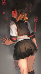 1girl against_wall back_turned black_sailor_collar black_skirt black_socks blush breath brown_hair closed_eyes commentary_request cropped_legs cum cum_on_legs cumdrip ergot female_focus fubuki_(kancolle) full-face_blush grey_background hair_between_eyes hand_on_own_ass hand_on_wall heart jewelry kantai_collection kneehighs low_ponytail nape open_mouth pleated_skirt ring sailor_collar school_uniform serafuku shirt sidelocks simple_background skirt socks solo spoken_heart standing steaming_body turning_head wedding_ring white_shirt rating:Explicit score:60 user:danbooru